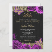  Paarse Rozen Black Gold Lace Sweet 16 Kaart (Voorkant)