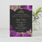  Paarse Rozen Black Gold Lace Sweet 16 Kaart (Staand voorkant)