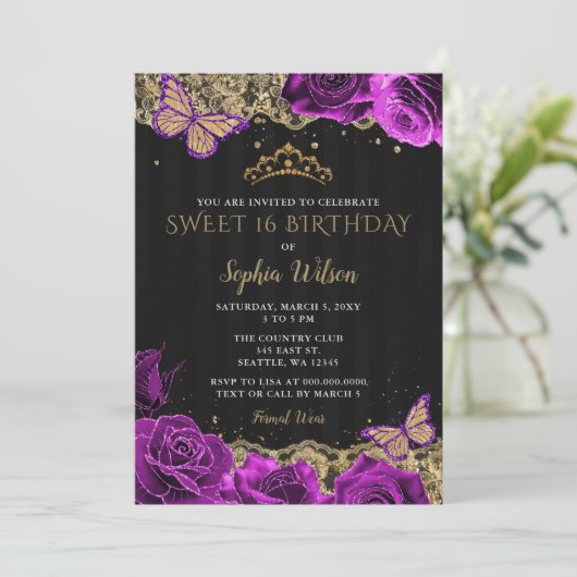  Paarse Rozen Black Gold Lace Sweet 16 Kaart (Staand voorkant)