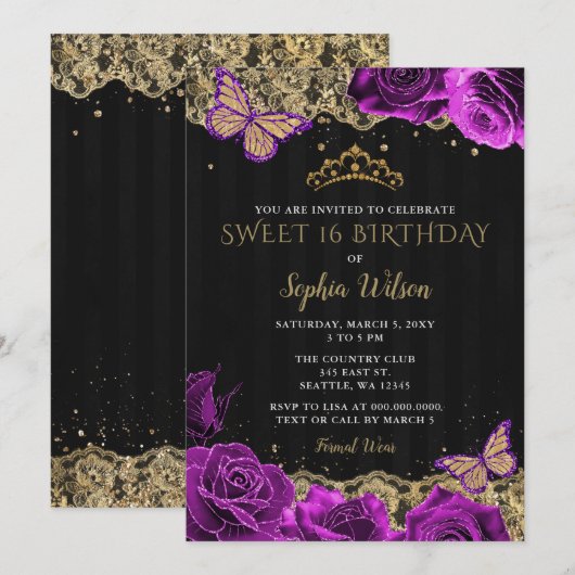  Paarse Rozen Black Gold Lace Sweet 16 Kaart (Voorkant / Achterkant)