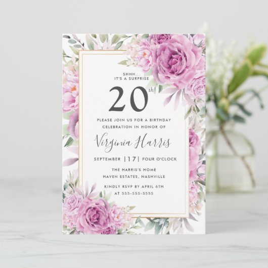 Paarse Rozen Bloemen 20e Verjaardag Kaart (Staand voorkant)