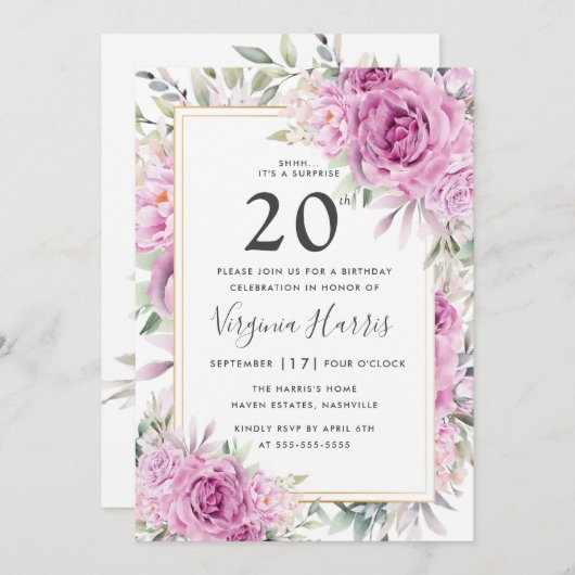 Paarse Rozen Bloemen 20e Verjaardag Kaart (Voorkant / Achterkant)