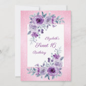 Paarse Rozen Bloemen Glitter Roze 16e Verjaardag Kaart (Achterkant)