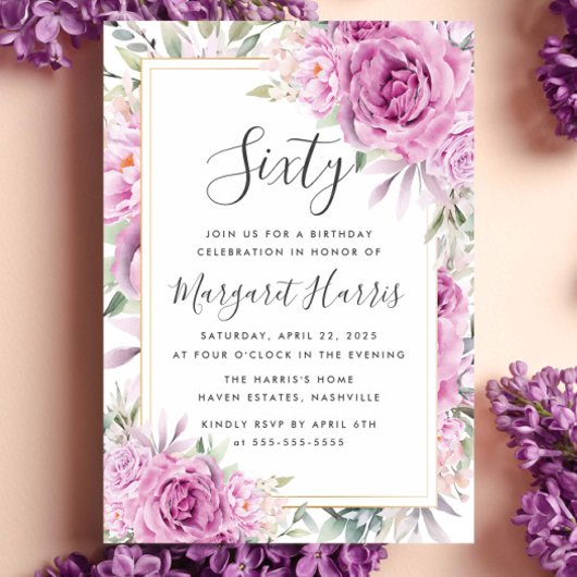 Paarse Rozen Bloemen Goud Lijst 60ste Verjaardag Kaart