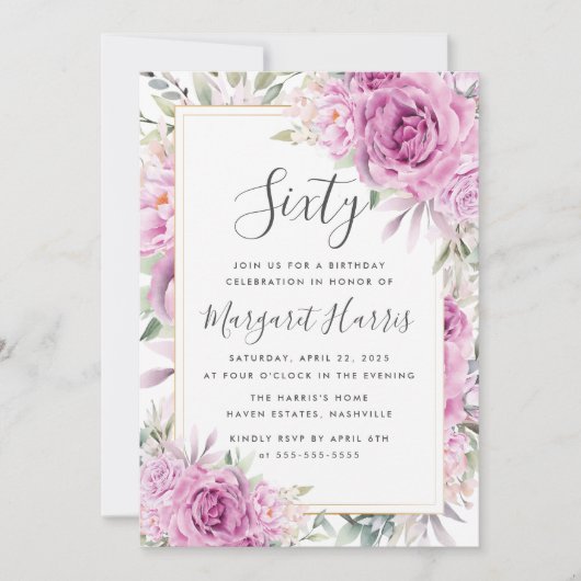 Paarse Rozen Bloemen Goud Lijst 60ste Verjaardag Kaart (Voorkant)