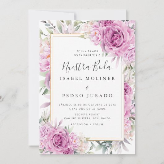 Paarse Rozen Bloemen Nuestra Boda Spaans Bruiloft Kaart (Voorkant)