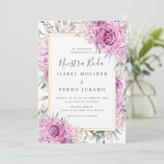 Paarse Rozen Bloemen Nuestra Boda Spaans Bruiloft Kaart (Staand voorkant)