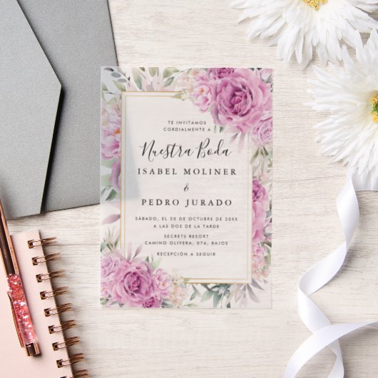 Paarse Rozen Bloemen Nuestra Boda Spaans Bruiloft Vellum Uitnodigingen (Huwelijk)