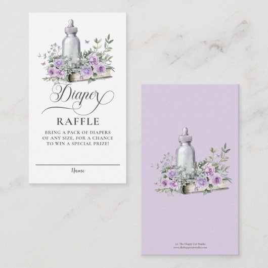 Paarse Rozen Bloemenboek Baby Fles Luier Raffle Informatiekaartje (Voorkant / Achterkant)