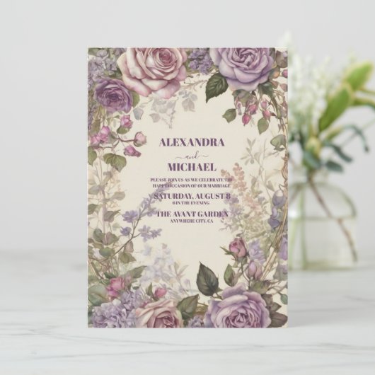  Paarse Rozen bloemenbruiloft Kaart (Staand voorkant)