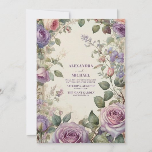 Paarse Rozen bloemenbruiloft Kaart (Voorkant)
