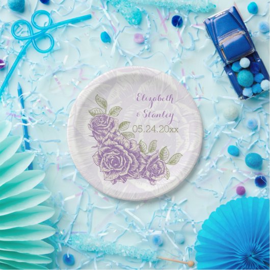  paarse rozen bloemenbruiloft papieren bordje (Feest)