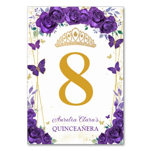 Paarse Rozen Bloemenvlinders Gouden Quinceañera Kaart (Voorkant)