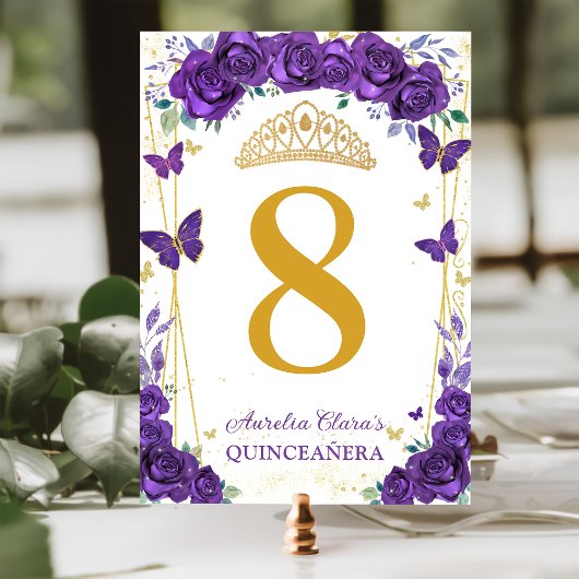 Paarse Rozen Bloemenvlinders Gouden Quinceañera Kaart