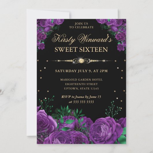 Paarse Rozen Border Floral Sweet Sixteen Kaart (Voorkant)