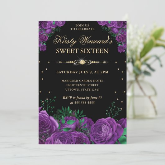 Paarse Rozen Border Floral Sweet Sixteen Kaart (Staand voorkant)