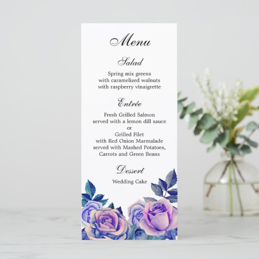 Paarse rozen bruiloft dinermenu Floral menu party (Staand voorkant)