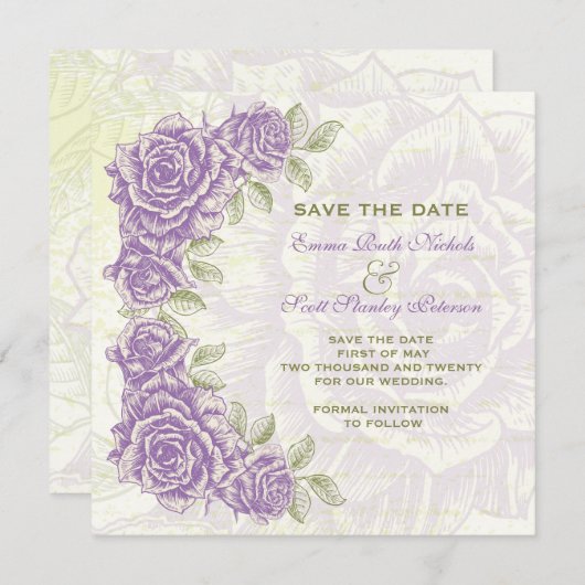  paarse rozen bruiloft Save the Date (Voorkant / Achterkant)