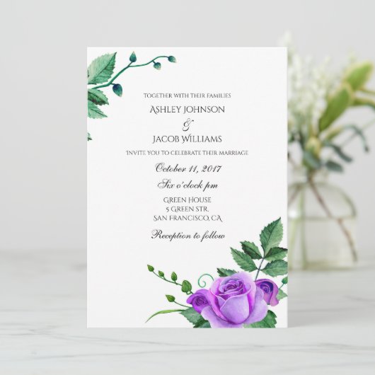 Paarse rozen bruiloft uitnodiging. Bloemenuitnodig Kaart (Staand voorkant)