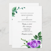 Paarse rozen bruiloft uitnodiging. Bloemenuitnodig Kaart (Voorkant / Achterkant)