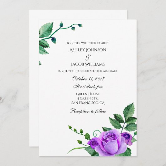 Paarse rozen bruiloft uitnodiging. Bloemenuitnodig Kaart (Voorkant / Achterkant)