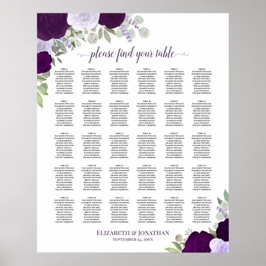Paarse Rozen Chic 30 Tafel Bruiloft Zitkaarten Poster (Voorkant)