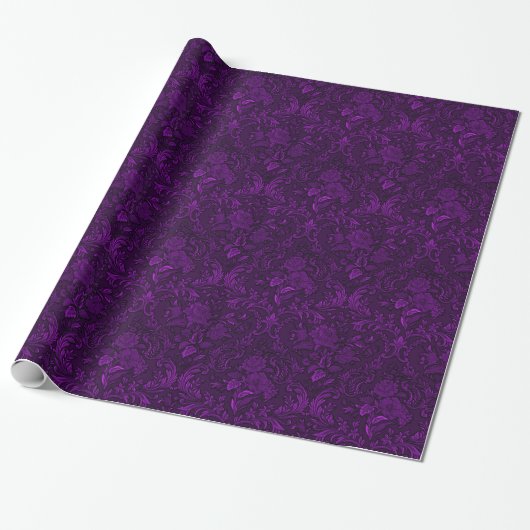Paarse Rozen Damask Gothic Wrapping Paper Cadeaupapier (Uitgerold)