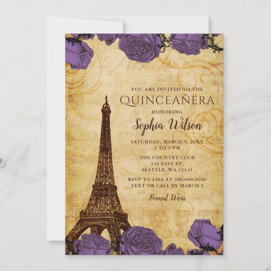  Paarse Rozen Eiffeltoren Quinceañera Kaart (Voorkant)