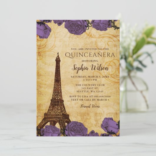  Paarse Rozen Eiffeltoren Quinceañera Kaart (Staand voorkant)