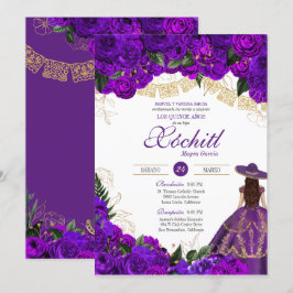 Paarse Rozen Elegant Emerald Charro Quinceanera Kaart