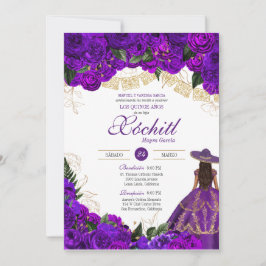 Paarse Rozen Elegant Emerald Charro Quinceanera Kaart