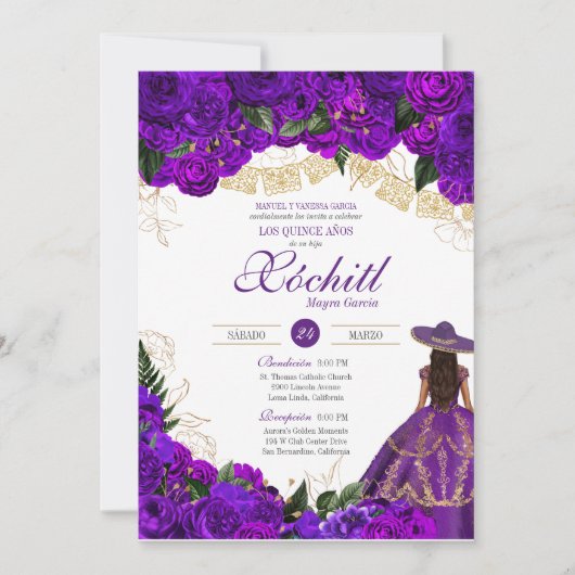 Paarse Rozen Elegant Emerald Charro Quinceanera Kaart (Voorkant)