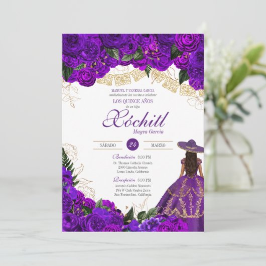 Paarse Rozen Elegant Emerald Charro Quinceanera Kaart (Staand voorkant)
