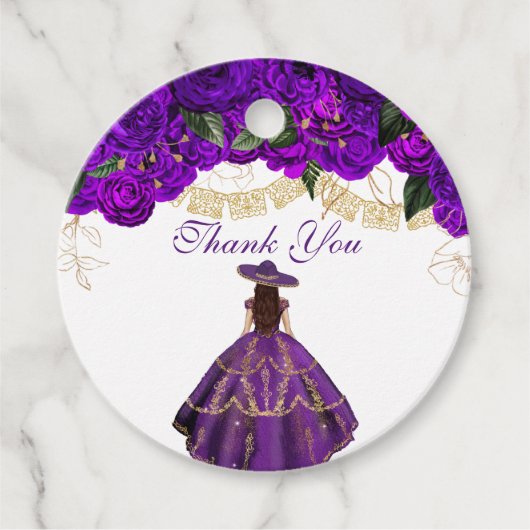 Paarse Rozen Elegant Floral Charro Quinceanera Bedankjes Labels (Voorkant)