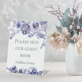 Paarse Rozen Elegant Floral Wedding Guest Book Reclamebord Met Voetstuk