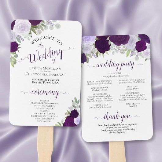 Paarse Rozen Elegant Floral Wedding Programme Handwaaier