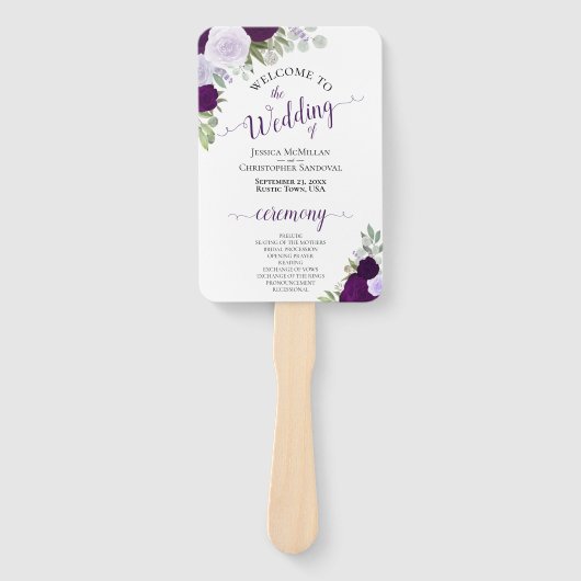 Paarse Rozen Elegant Floral Wedding Programme Handwaaier (Voorkant)