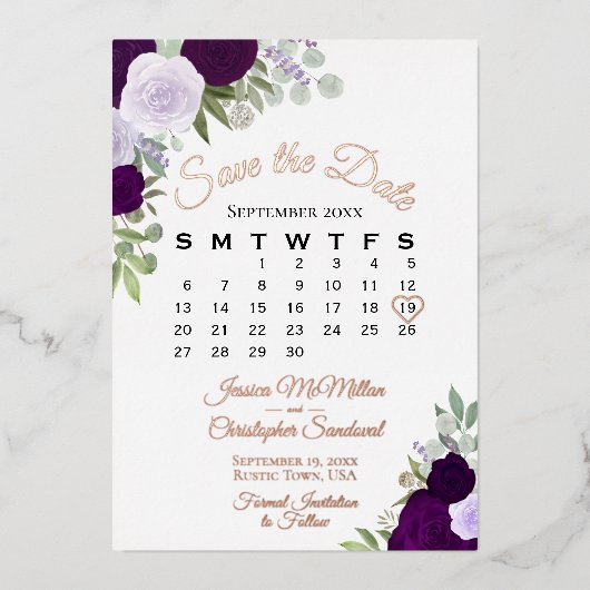 Paarse Rozen Elegant Save the Date Roos Gold Folie Uitnodiging (Voorkant)