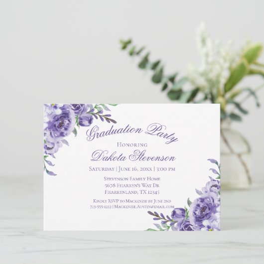 Paarse Rozen | Elegant Waterverf Afstuderen Kaart (Staand voorkant)