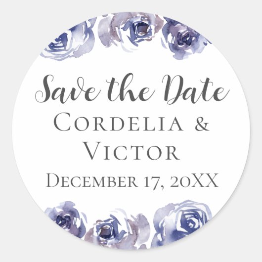 Paarse Rozen Elegante Bloemwinter Save the Date Ronde Sticker (Voorkant)