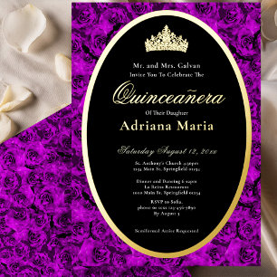 Paarse Rozen Elegante Gouden Bloemige Quinceanera  Folie Uitnodiging