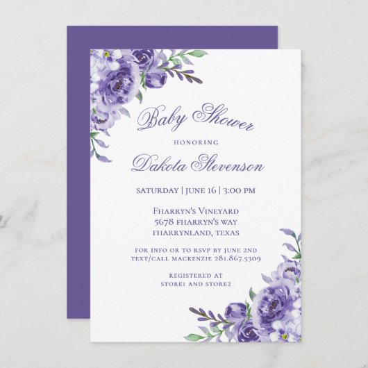 Paarse Rozen | Elegante Waterverf bloemendouche Kaart (Voorkant / Achterkant)