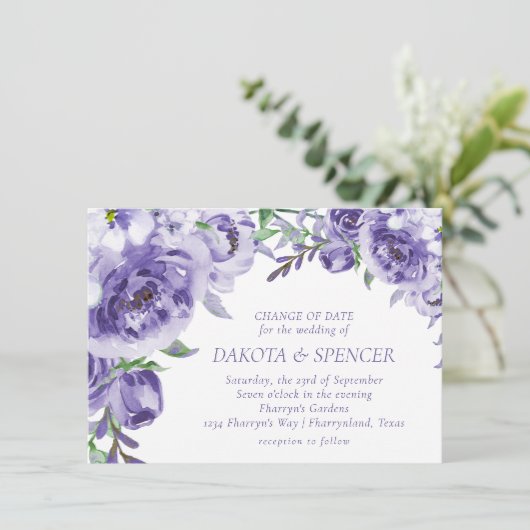 Paarse Rozen | Elegante Waterverf Datumwijziging Kaart (Staand voorkant)