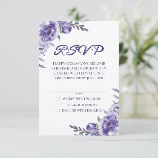 Paarse Rozen | Elegante Waterverf Floral Boho RSVP Kaartje (Staand voorkant)