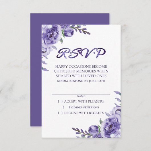 Paarse Rozen | Elegante Waterverf Floral Boho RSVP Kaartje (Voorkant / Achterkant)