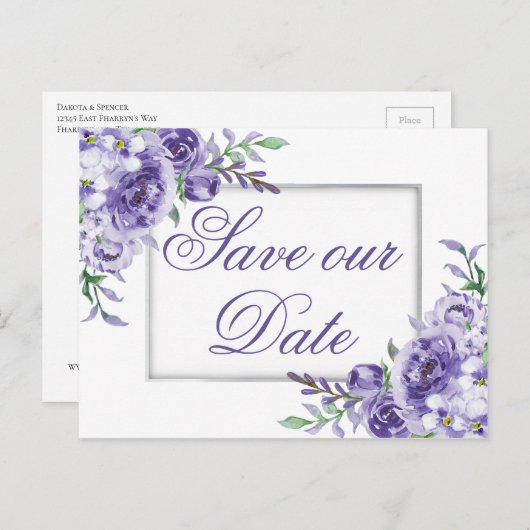 Paarse Rozen | Elegante Waterverf Sla de datum op Aankondigingskaart (Voorkant / Achterkant)