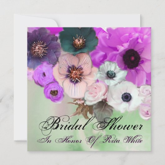 PAARSE ROZEN EN ANEMONE BRUIDSLOFT FEEST KAART (Voorkant)
