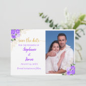 Paarse Rozen en gouden bloemen Save The Date (Staand voorkant)
