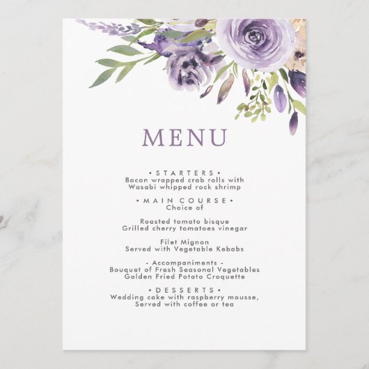 Paarse Rozen en Greenery Leves Floral Wedding Menu (Voorkant)