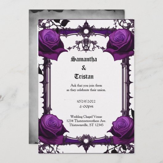 Paarse Rozen en Kant Gothic Bruiloft Kaart (Voorkant / Achterkant)